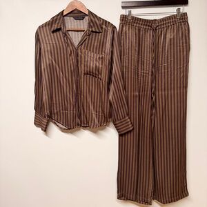 Zara Brown and Olive Striped Satin Shirt + pants set size M